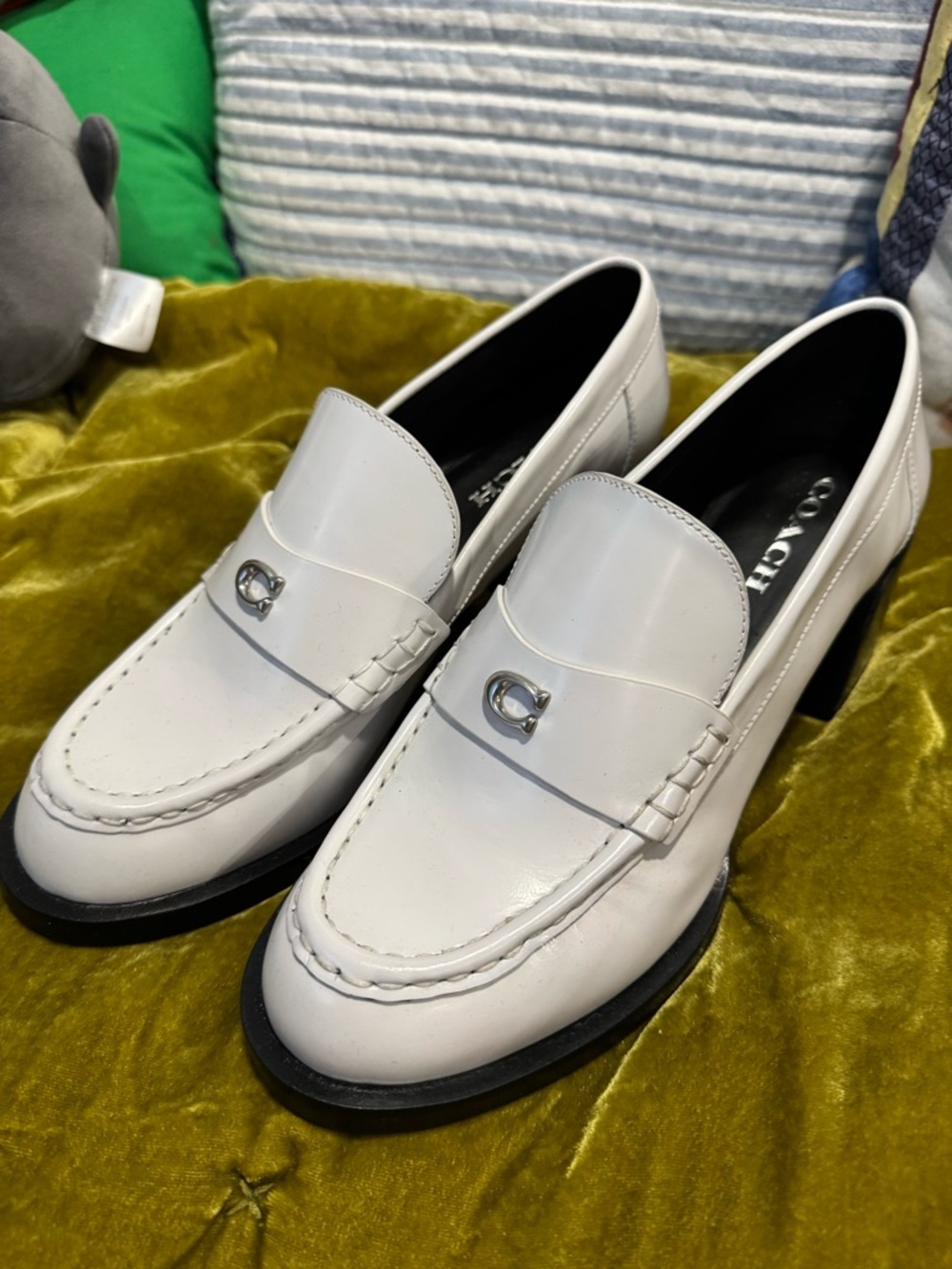 Coach White Leather Penny Loafers with Silver Logo Accent